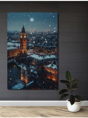 Teona Ahşap Büyük Saat Kulesi Kış Manzarası Yağlı Boya Görünümlü Dekoratif Ahşap Ev,antre,salon,ofis Tablo