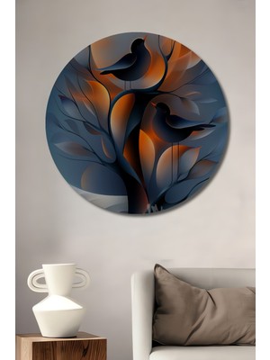 Teona Ahşap Kuşlar ve Ağaç Sanatı Yağlı Boya Görünümlü Ahşap Dekoratif Tablo Yuvarlak Duvar Tablosu