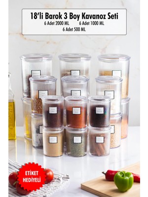 Skygo 18'li Barok Yuvarlak 3 Boy Kavanoz Seti & Saklama Kabı & Erzak Kabı (6*2000 Ml, 6*1000 ml ,6*500 ml