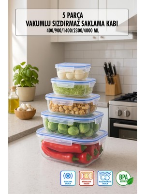 Skygo Dikdörtgen 5 Parça Contalı Vakumlu Sızdırmaz Hava Almaz Saklama Kabı Seti (4000/2300/1400/900/400 M