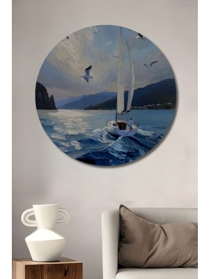 Teona Ahşap Yelkenli Tekne Deniz Manzarası Yağlı Boya Görünümlü Ahşap Dekoratif Tablo Yuvarlak Duvar Tablosu