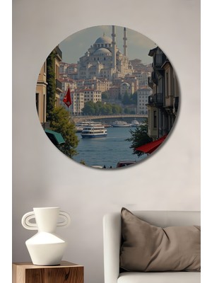 Teona Ahşap Istanbul Boğazı Manzaralı Yağlı Boya Görünümlü Soyut Sanat Ahşap Tablo Yuvarlak Duvar Tablosu