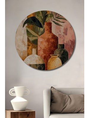 Teona Ahşap Modern Bohem Vazo Buketi Yağlı Boya Görünümlü Ahşap Dekoratif Tablo Yuvarlak Duvar Tablosu