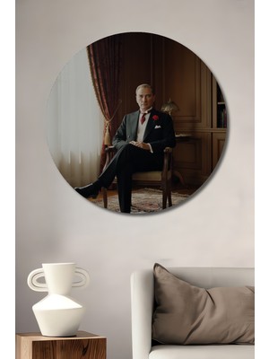 Teona Ahşap Mustafa Kemal Atatürk Yağlı Boya Görünümlü Ahşap Dekoratif Tablo Yuvarlak Duvar Tablosu