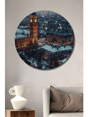 Teona Ahşap Büyük Saat Kulesi Kış Manzarası Yağlı Boya Görünümlü Dekoratif Ahşap Tablo Yuvarlak Duvar Tablosu