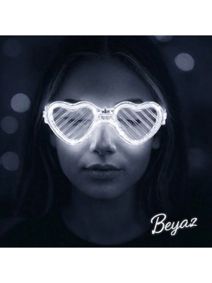Marsilyan Beyaz LED Işıklı Kalp Gözlük – 3 Modlu Parti - Glow Gözlüğü (4887)