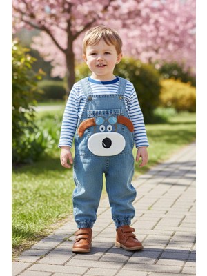 FullaModa %100 Pamuk Köpek Nakışlı Salopet Takım