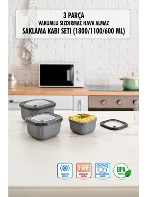 Skygo Kare 3 Parça Vakumlu Sızdırmaz Hava Almaz Saklama Kabı Seti Füme (1800/1100/600 Ml)