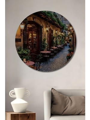 Teona Ahşap Italyan Sokak Manzarası Yağlı Boya Görünümlü Ahşap Dekoratif Tablo Yuvarlak Duvar Tablosu