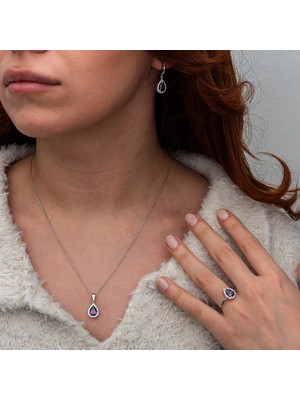 Gumush Gümüş Mor Zirkon Taşlı Damla Kadın Set