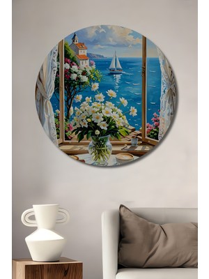 Teona Ahşap Deniz Manzaralı Pencere Önü Sulu Boya Görünümlü Sanat Tablosu Yuvarlak Duvar Tablosu