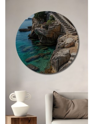 Teona Ahşap Taş Ev ve Turkuaz Deniz Manzaralı Ahşap Dekoratif Tablo Yuvarlak Duvar Tablosu