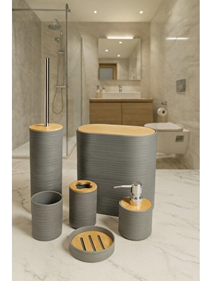 Makri Home 6 Parça Bambu Kapaklı Banyo Seti, Gri, Oval, Hacim: 8 Litre