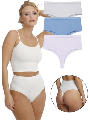 Sensu Kadın Yüksek Bel Tanga Fitilli Külot 3 Lü Paket Mavi