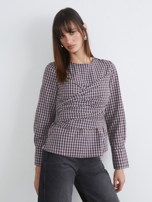 Soulife Bisiklet Yaka Ekose Büzgülü Bluz