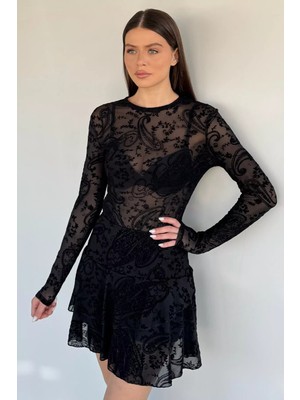 Gülseli Kadın Bisiklet Yaka Desenli Transparan Tül Bluz P-00020145