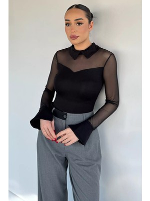 Gülseli Kadın Polo Yaka Tül Garnili Likralı Bluz P-00020212