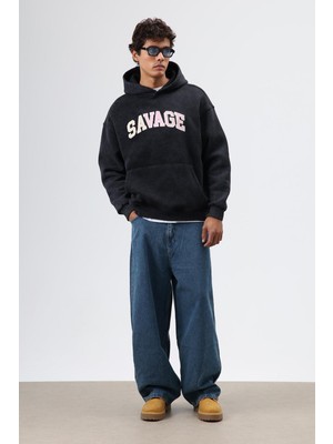 Vamos Oversize Baskılı Kapüşonlu Sweatshirt Siyah