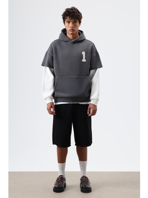 Vamos Oversize Kol Detaylı Kapüşonlu Sweatshirt Füme