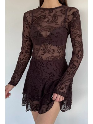 Gülseli Kadın Bisiklet Yaka Desenli Transparan Tül Bluz P-00020145