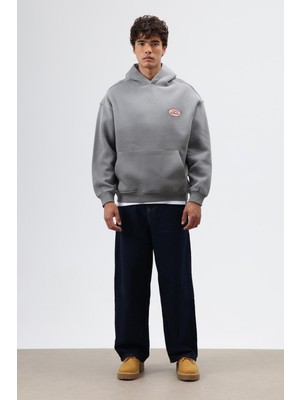 Vamos Oversize Baskılı Kapüşonlu Sweatshirt Füme