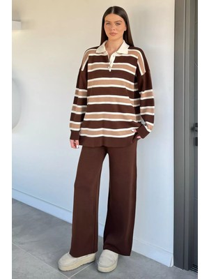 Gülseli Kadın Çizgi Desenli Kazak Pantolon Triko Ikili Takım P-00020214