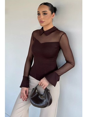 Gülseli Kadın Polo Yaka Tül Garnili Likralı Bluz P-00020212