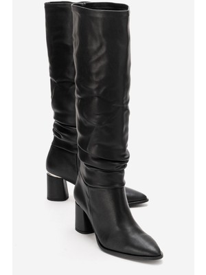 Luvi 120 Siyah Cilt Körüklü Kadın Kalın Topuklu Çizme