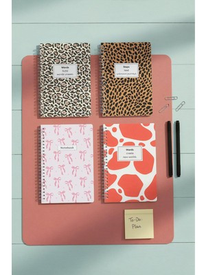 Notisyon A5 Spiralli Not Defteri 4'lü Set – Boş Yapraklı, 120 Sayfa, Leopar & Kurdela Temalı, Okul Defteri