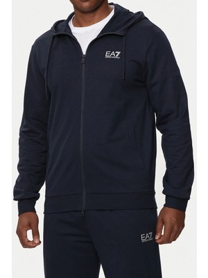 EA7 Erkek Tam Kalıp Fermuarlı Kapüşonlu Sweatshirt - Lacivert