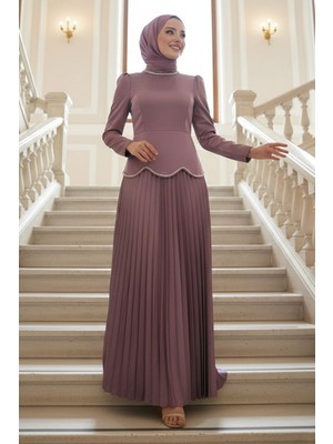 Saten Gül Kurusu Tesettür Abiye Elbise 5462GK