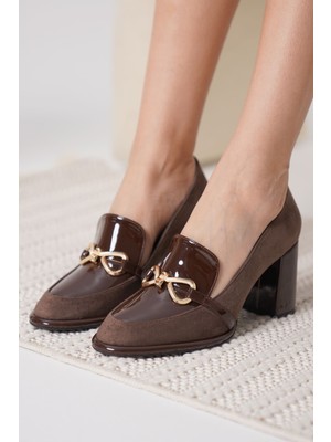 Melly Acı Kahve Rugan Süet Detaylı Kadın Topuklu Ayakkabı