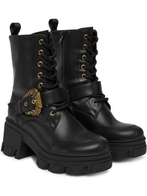 Versace Kadın Gold Toka Detaylı Kalın Tabanlı Bağcıklı Bot - Siyah