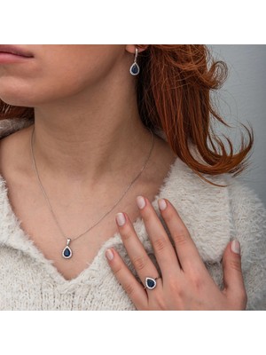 Gumush Gümüş Lacivert Zirkon Taşlı Damla Kadın Set