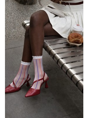 Katia & Bony Kadın Dik Renkli Çizgili İnce Soket Çorap Beyaz