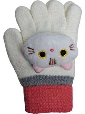 Spteks Kitti 4-8 Yaş Kız Çocuk Krem Renk Kedi Figürlü Kışlık Örme Eldiven