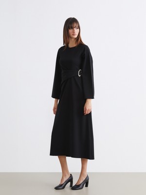 Soulife Bisiklet Yaka Metal Tokalı Büzgülü Elbise