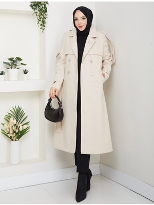 Kadın Bej Kuşaklı Kruvaze Yakalı Kaban