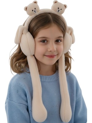 Aslı Kiraz Jewerly Bej Renk Ayıcık Figürlü Oynar Kulaklı Peluş Kulaklık