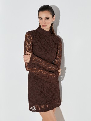 Soulife Dik Yaka Dantelli Büzgülü Mini Elbise