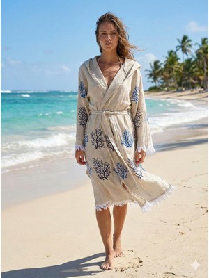 Tekstilize Mavi Mercan Desenli Müslin Bornoz Yumuşak, Hafif ve Nefes Alan Dokuma (%100 Pamuklu)