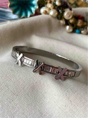 Güneş Takı Silver Taşlı Çelik Kalın Kelepçe x Bileklik