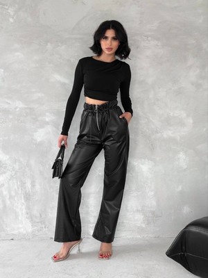 Bigelal Kendinden Ince Kemerli Deri Pantolon Siyah