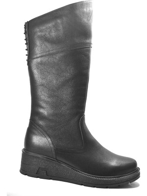 Onlo Ayakkabı 3120 Hakiki Deri Siyah Fermuarlı Dolgu Topuklu Kadın Çizme