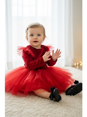 Parla Kids Kız Çocuk Pearly Kırmızı Uzun Kollu Kadife Tüllü Tütü Doğum Günü Parti 23 Nisan Elbisesi
