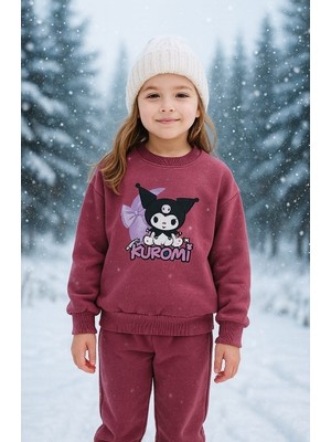 Kidsmadamiko Kuromi Sanrio Baskılı Kız Çocuk 3 İplik Şardonlu İçi Polarlı Eşofman Alt Üst Takım