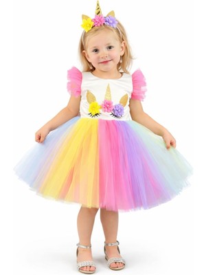 Mnk Baby & Kids Rengarenk Etekli Kız Çocuk Parti Elbisesi Unicorn Detaylı Özel Günler İçin