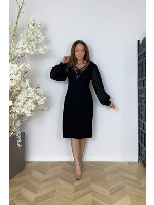 G1694 Şifon Kol Yaka Detaylı Abiye Elbise Siyah
