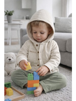 Baby Hola Roket Baskılı Müslin Kumaş Kapüşonlu Erkek Bebek Üçlü Takım Set Babyhola