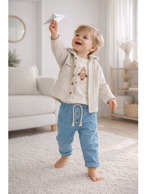 Baby Hola Roket Baskılı Müslin Kumaş Kapüşonlu Erkek Bebek Üçlü Takım Set Babyhola